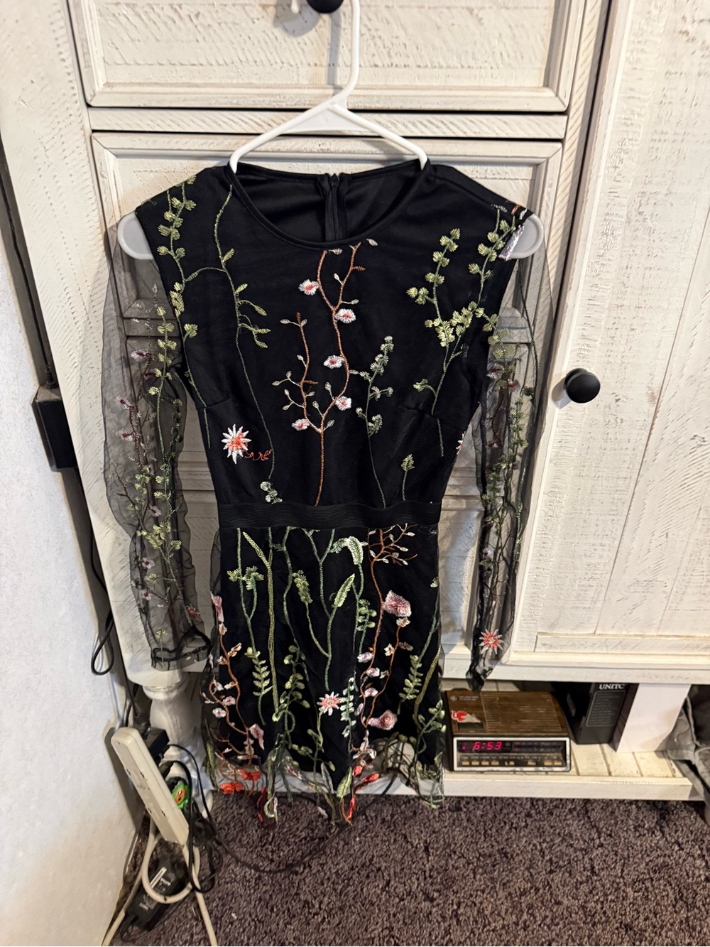 SHEIN Black Mesh Long-Sleeve Floral Embroidered Dress